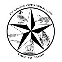 Logo of a star surrounded by deer, quail, and other animals and the words Teaming with wildlife, True to Texas