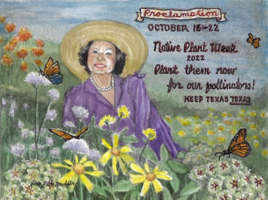Mural of woman wearing a purple dress and a sunhat, lying in a field of flowers and butterflies. Text reads "Proclamation: October 16-22, Native Plant Week 2022, Plant them now for our pollinators! Keep Texas Texas.